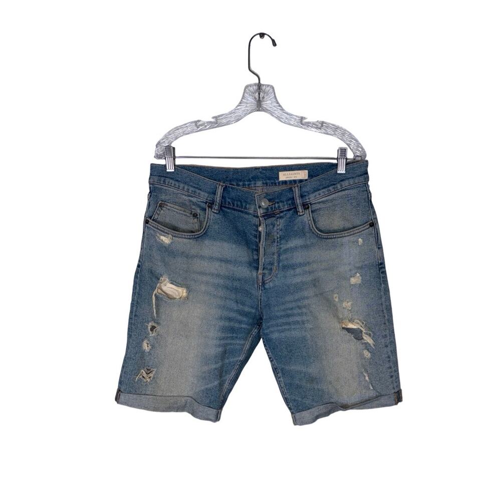 ALLSAINTS Isher Switch Ripped Distressed Buttonfly Denim Jean Shorts Size: 32